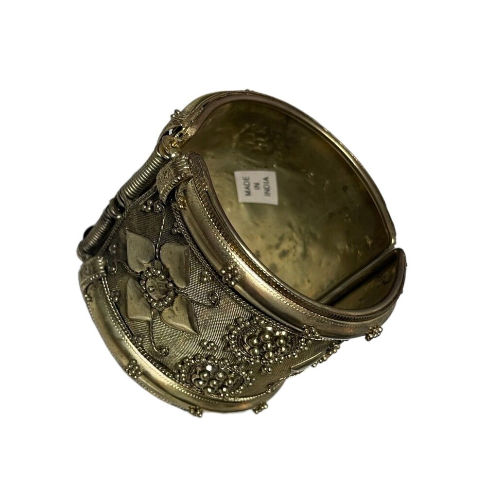 Vintage Brass Floral Design Hinged Cuff Bracelet Nouveau Style Made In India